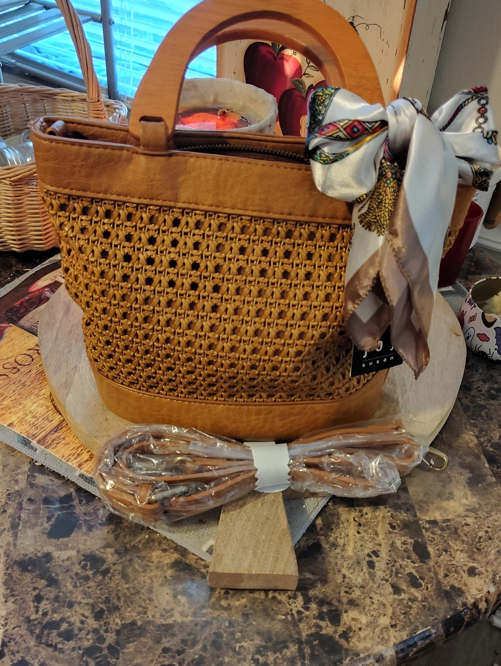 Tan Woven Tote Handbag with Wooden Handles